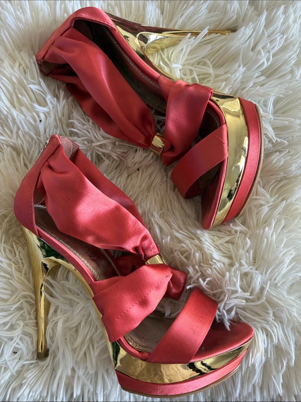Bakers Coral Satin Platform Heels with Gold Accents